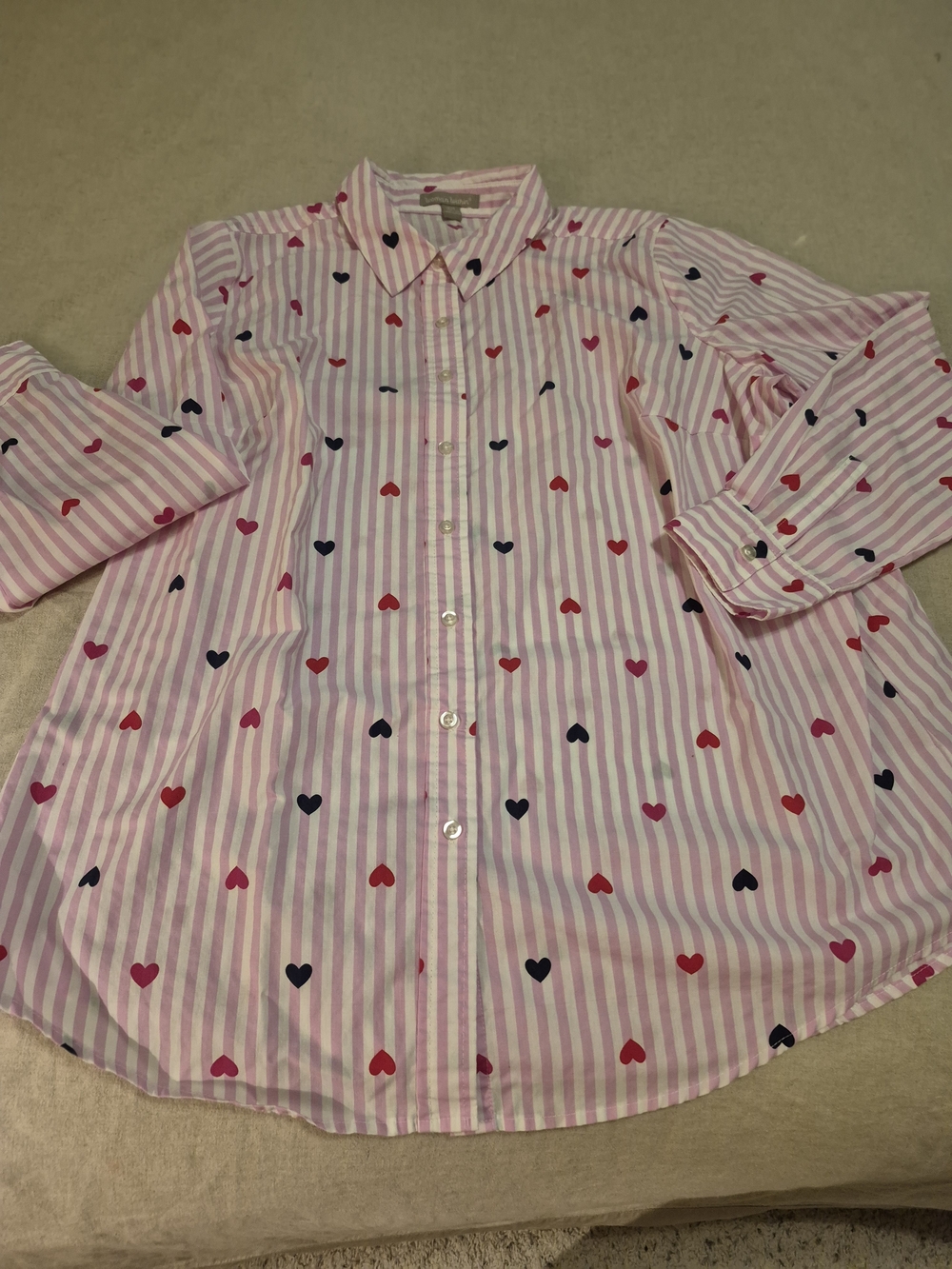 Woman Within Pink & White Striped Heart-Print Button-Down Blouse